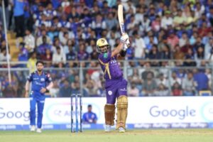 Ajinkya Rahane plays a shot against Mumbai Indians in IPL 2026