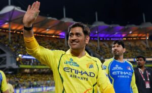 MS Dhoni waves at crowd