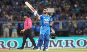 Virat Kohli celebrates his century vs West Indies