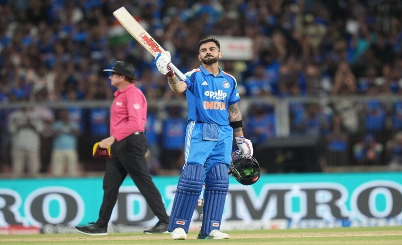 Virat Kohli celebrates his century vs West Indies